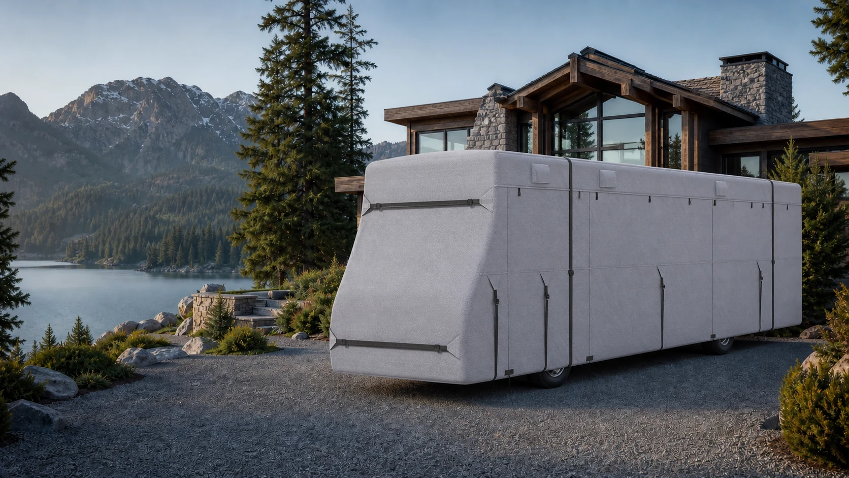Luxury motorhome protected by a tailored RV cover