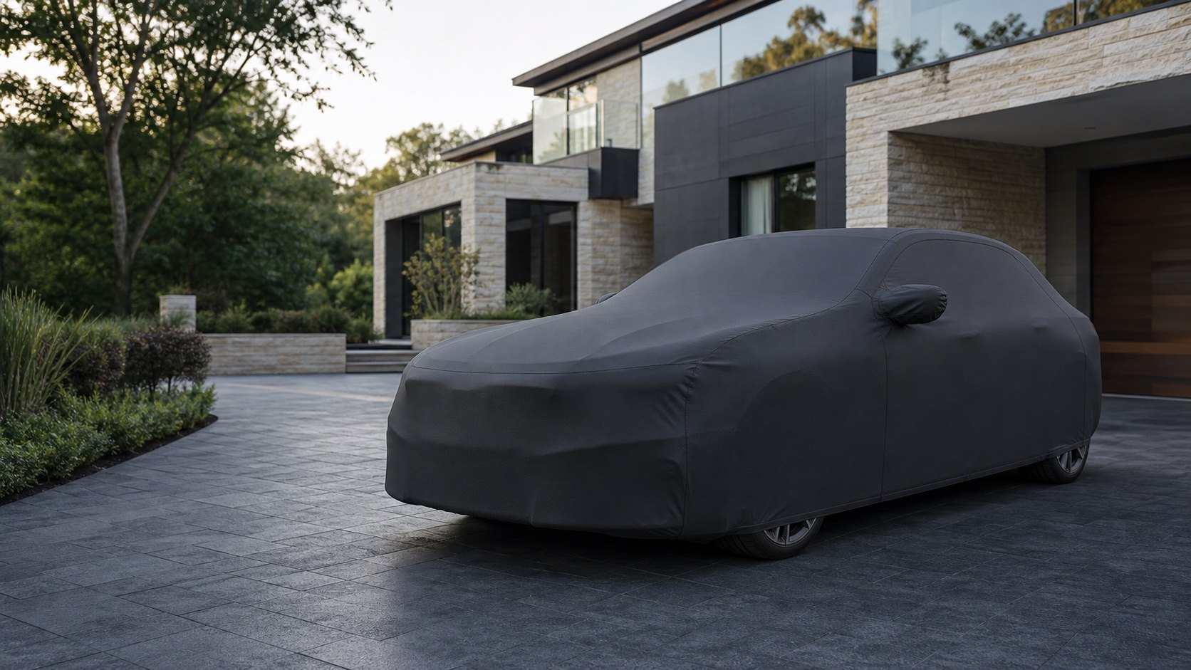 Tailored automotive cover outside a contemporary villa