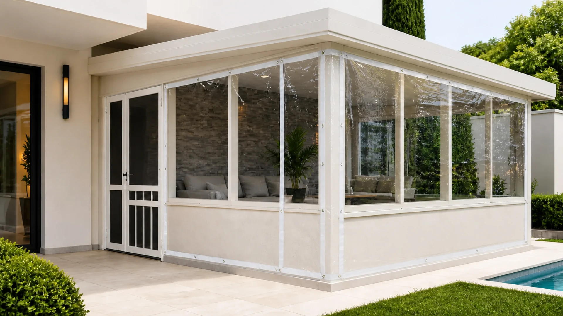 Clear protective tarpaulin enclosing a modern outdoor structure
