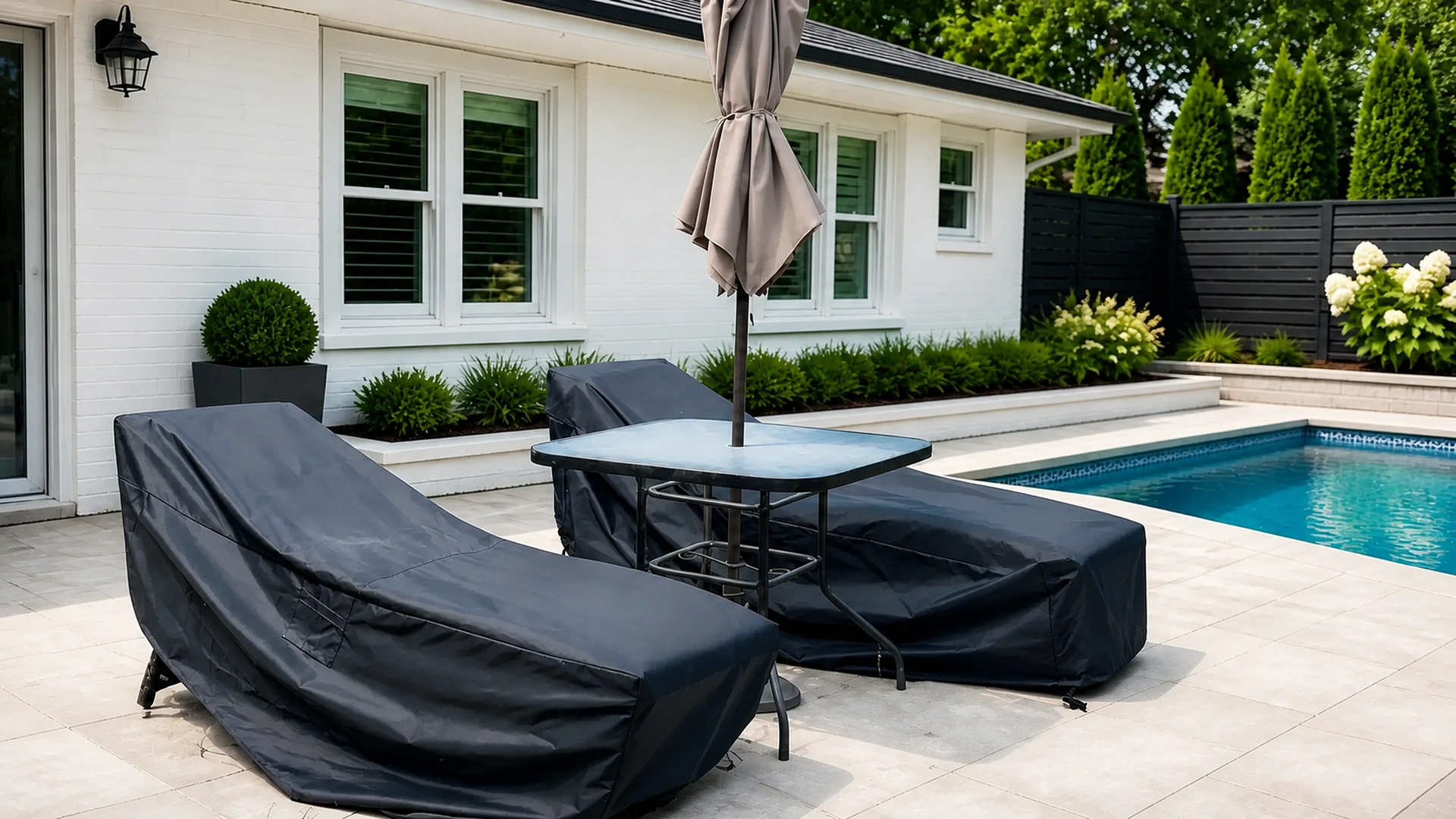 Covered outdoor lounge furniture beside a swimming pool