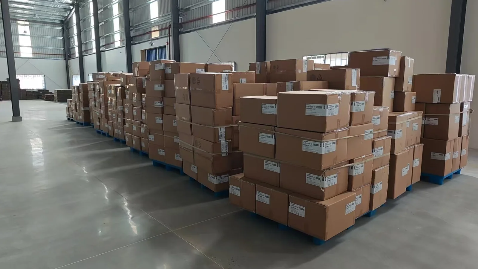 Export cartons staged inside the Cambodia factory